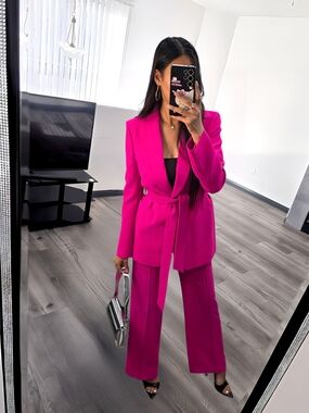 Zara Hot Pink Wide-Leg Pant Suit with Belt